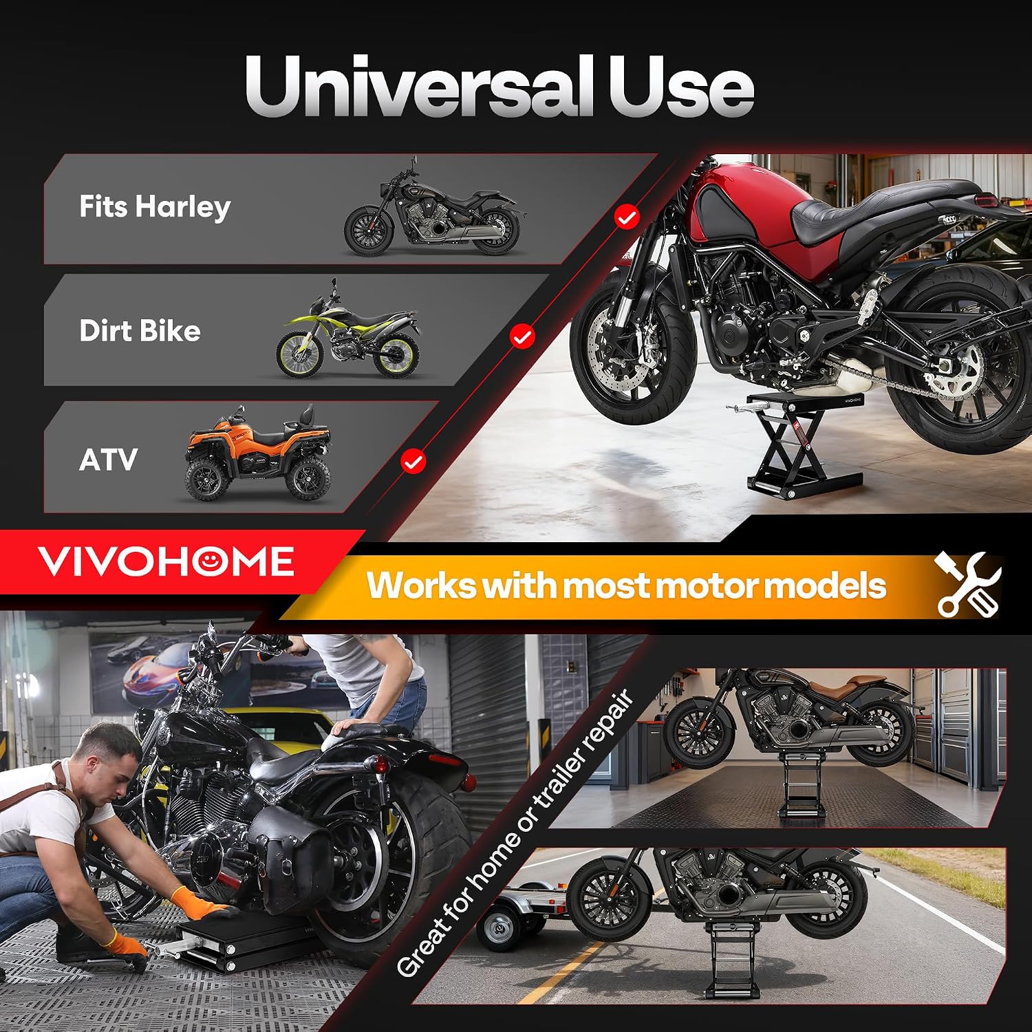 Detalle de VIVOHOME Motorcycle Scissor Lift Jack – Height Adjustable Heavy Duty Steel Stand (500kg capacity)