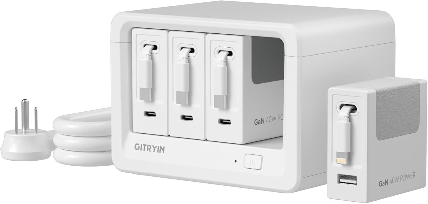 Detalle de Gitryin 12-in-1 Desktop Charging Station: 3 Retractable USB-C Chargers + Lightning, 160W Hub