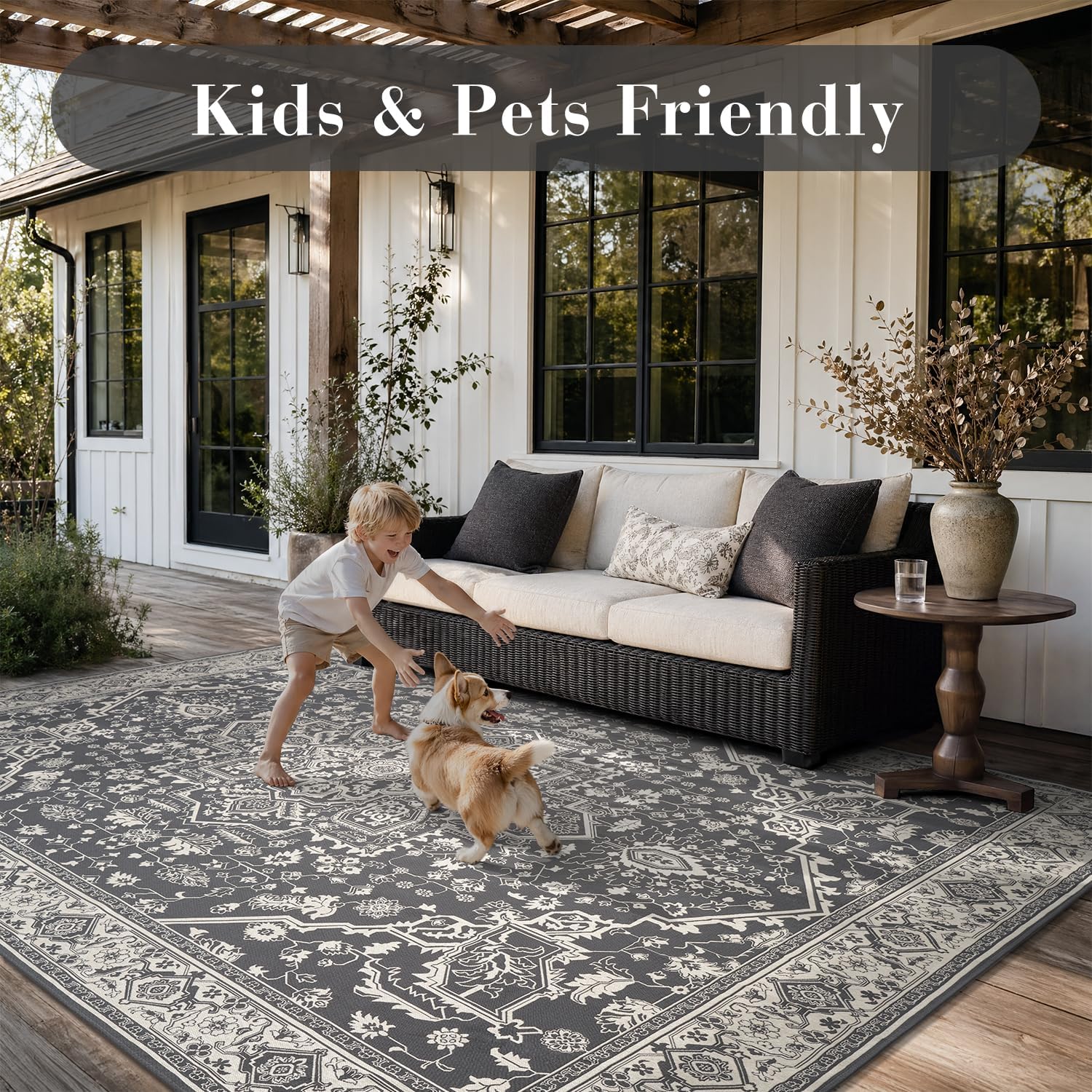 Thumbnail 6 de Engiw 5 x 8 ft Outdoor Rug, Machine-Washable Flatweave, Blackish Grey