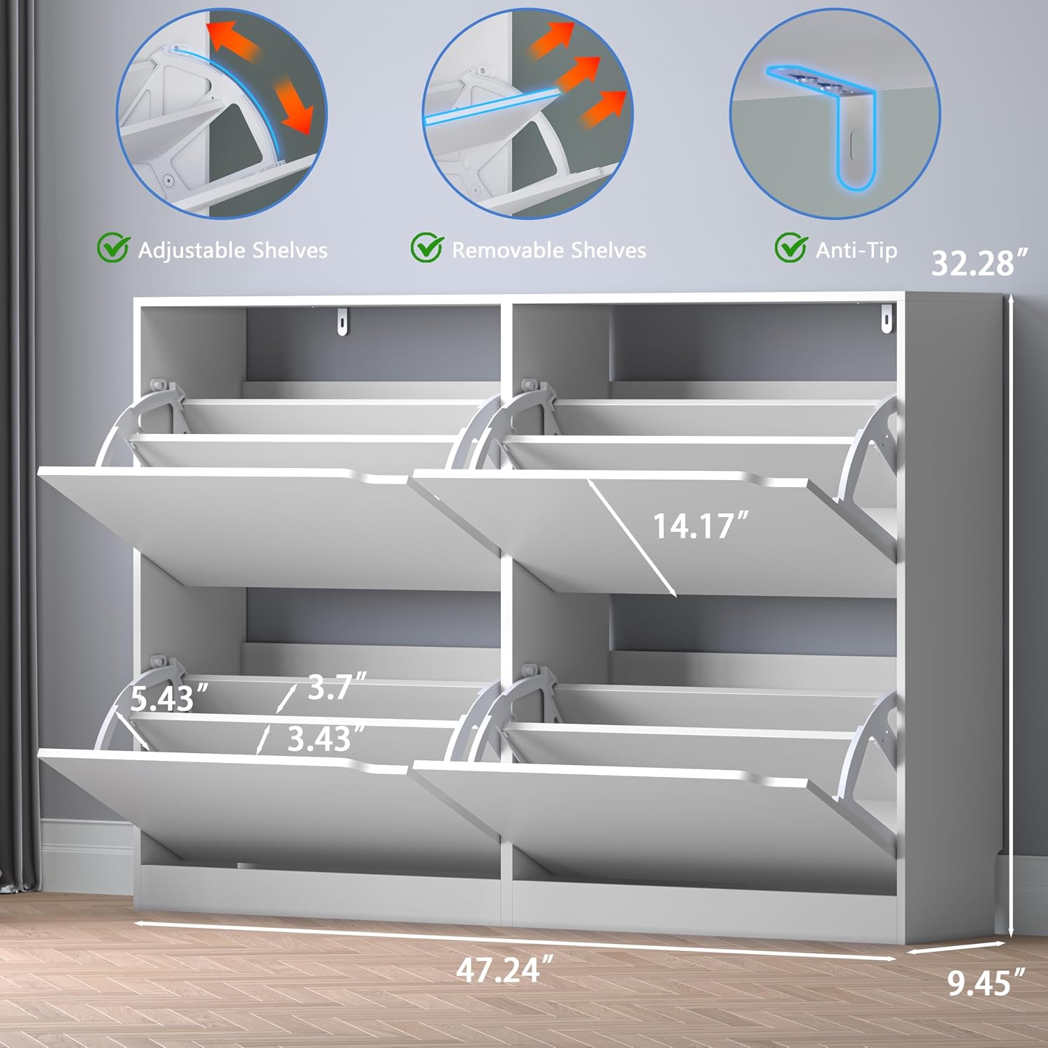 Detalle 2 de BORNOON 4-Drawer Shoe Cabinet, Slim White Engineered Wood Storage