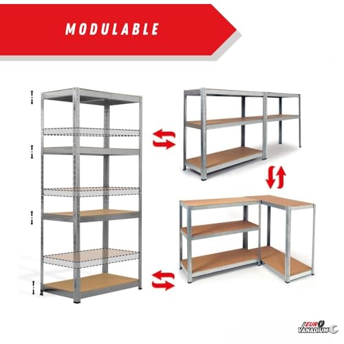 Thumbnail 6 de EURO VANADIUM Double Étagères de Rangement Charges Lourdes – 160 x 160 cm, 640 kg, 4 niveaux, 8 plateaux, Gris