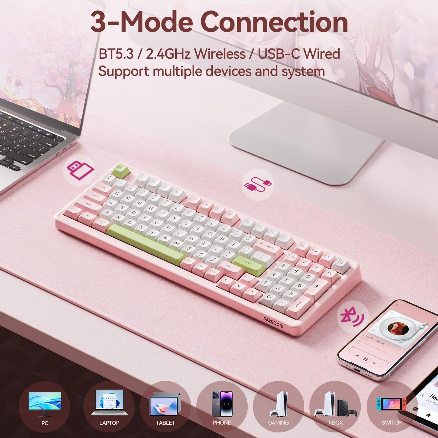 Detalle de AUSDOM H98 Pink Creamy 98-Key Mechanical Keyboard with RGB and Tri-Mode Connectivity