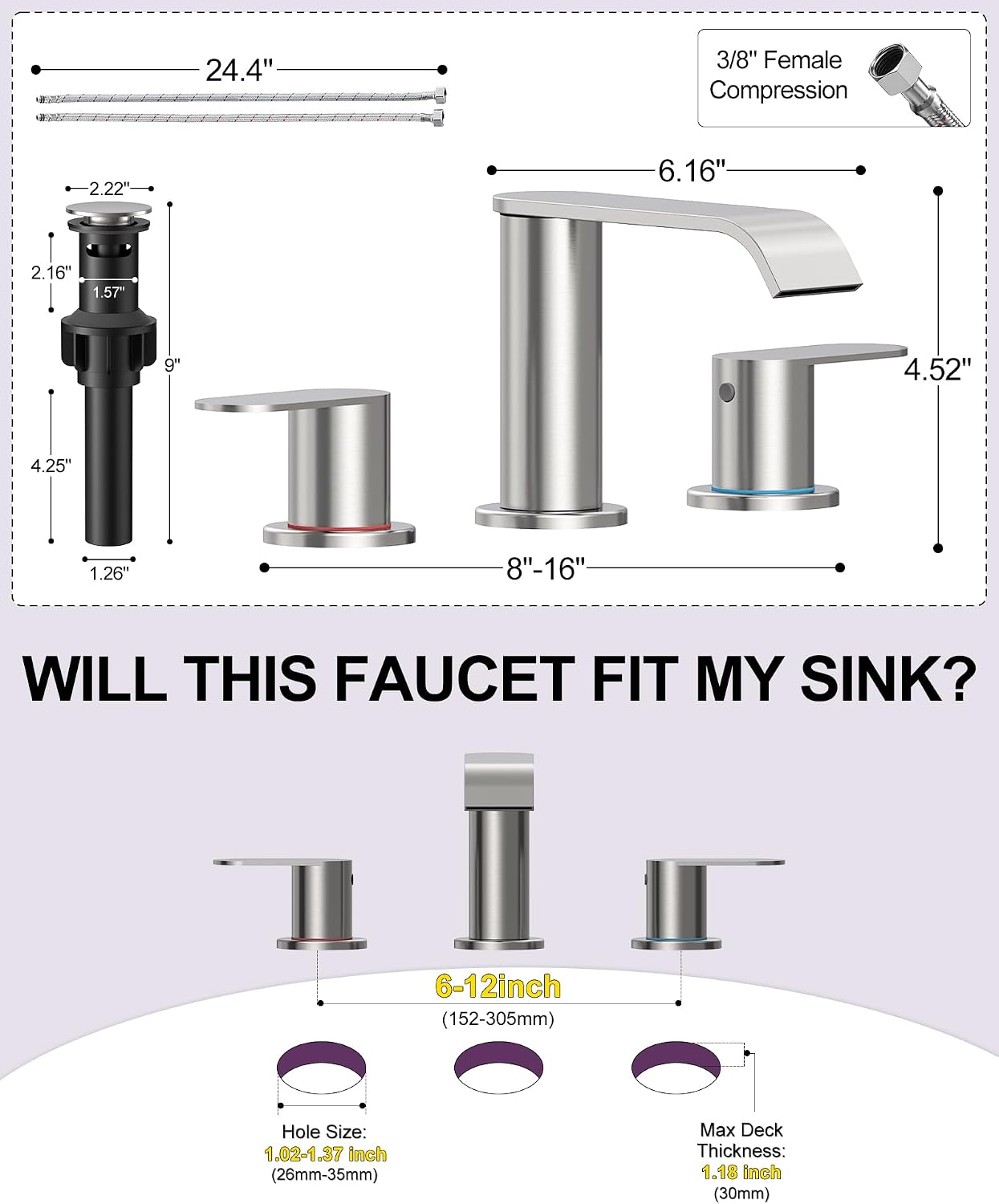 Detalle de Homevacious HM7165055N Widespread Waterfall Bathroom Faucet, Brushed Nickel