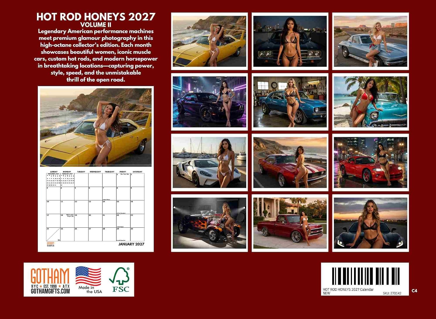 Detalle 2 de Poster Foundry Hot Rod Honeys 2027年 壁掛けカレンダー 月間・米国製・FSC認定紙