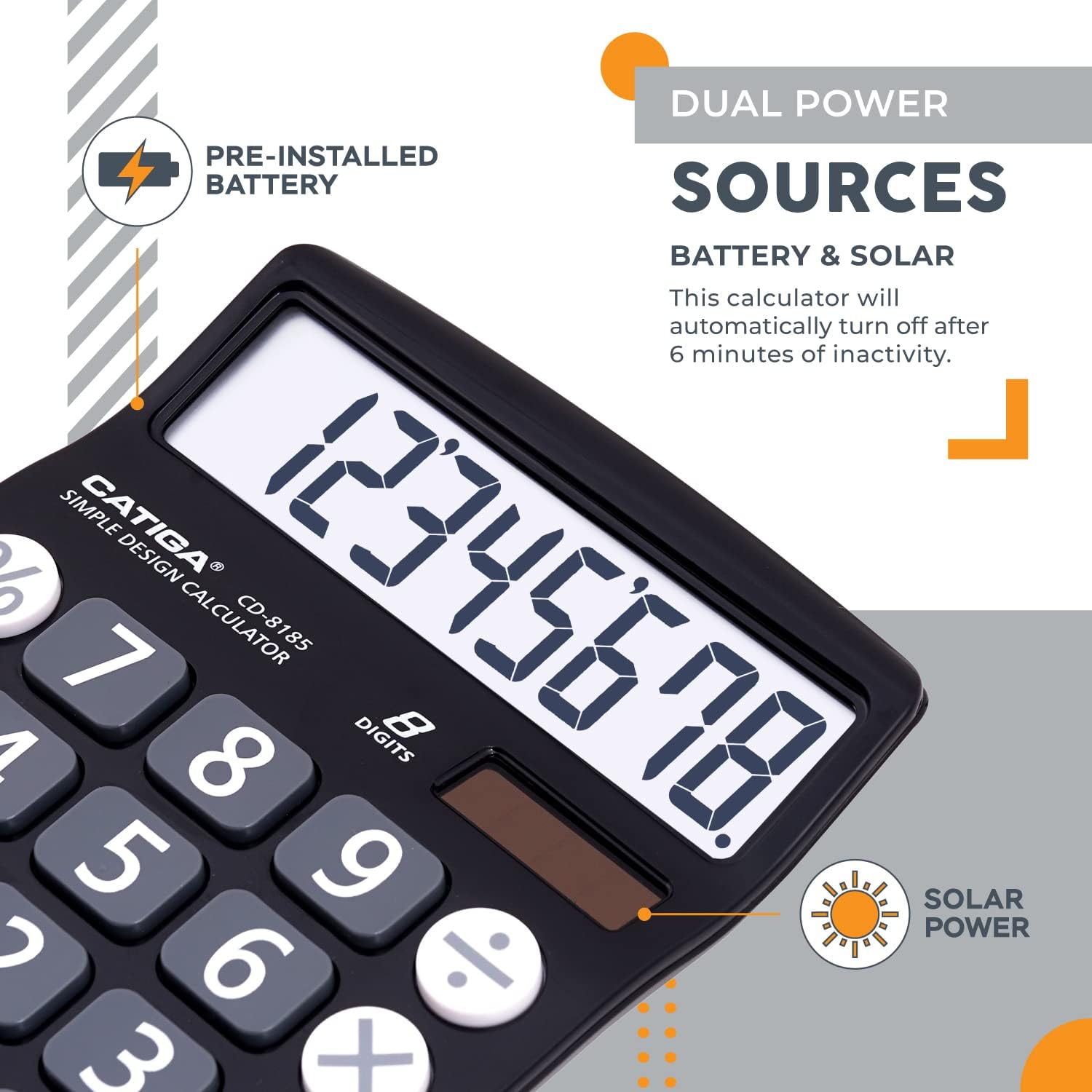 Thumbnail 2 de CATIGA Desktop Calculator 8 Digit with Solar Power and LCD Display – Large Buttons, Dual Power, 4-Function Desk Calculator