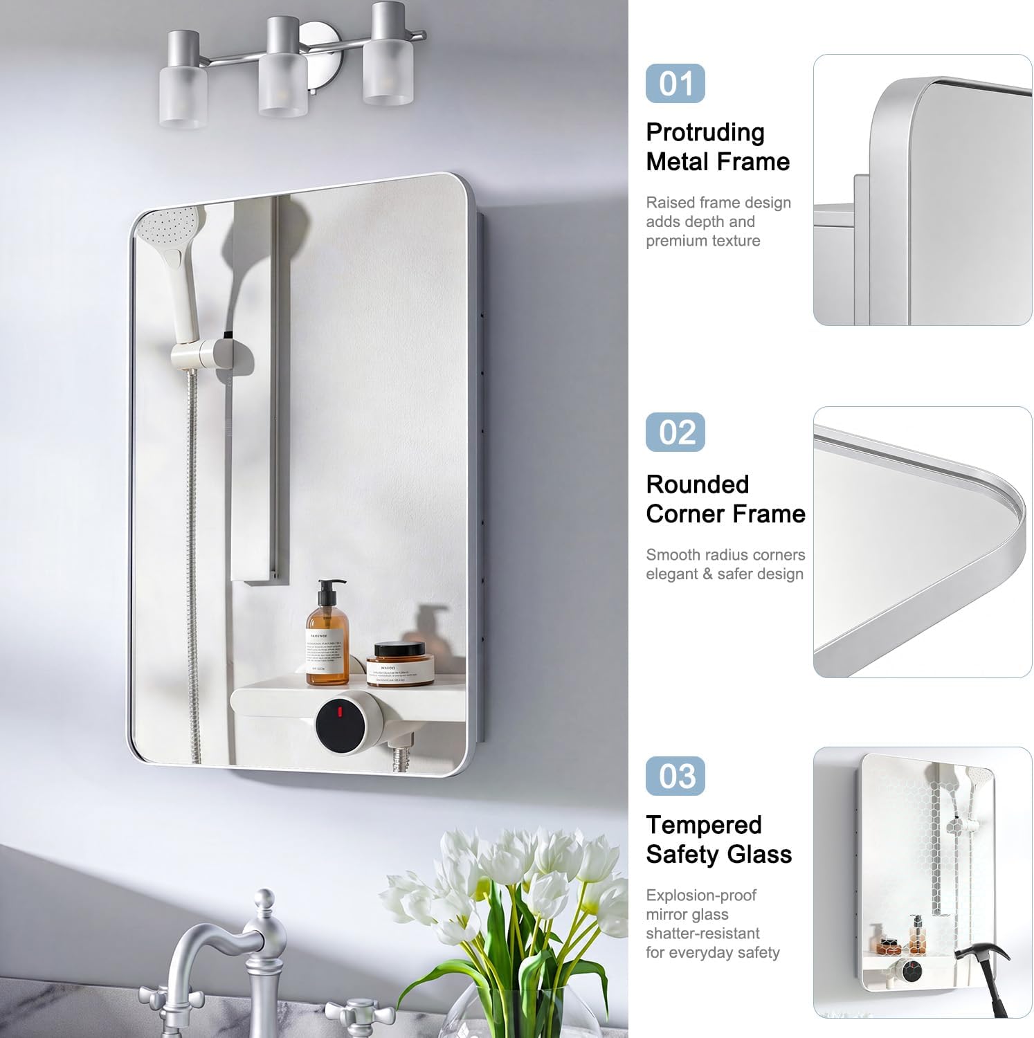 Thumbnail 5 de Venlus Silver Medicine Cabinet with Mirror, 20x28 — Fully Assembled, Recessed or Surface Mount