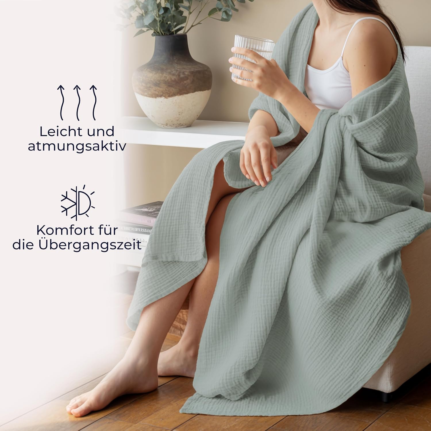 Thumbnail 4 de Dreamzie Musselin Tagesdecke 180x220 cm – leichte Baumwollgaze in Hellgrün (Oeko-Tex zertifiziert)