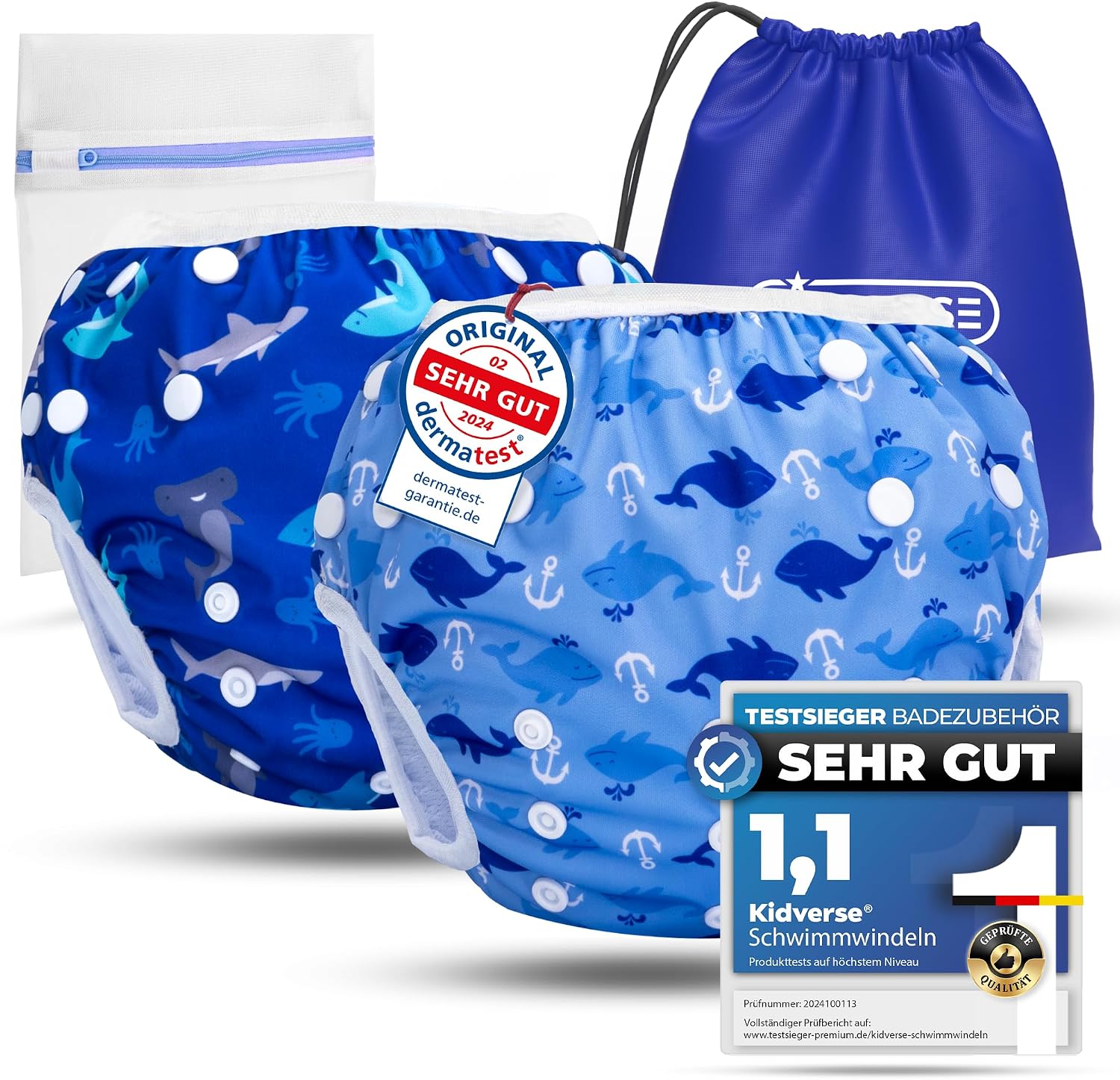 Detalle de KIDVERSE 2er Set Schwimmwindeln für Babys (0–3 Jahre), wiederverwendbar, hautfreundlich – mit Tasche & Wäschenetz
