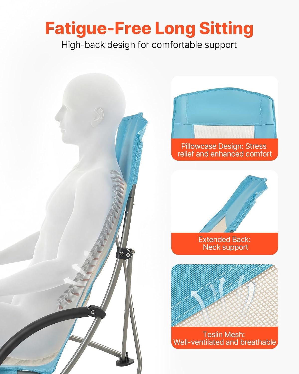 Thumbnail 3 de VEVOR Folding Beach Chair: High Back, Heavy-Duty 330 lbs, 2-Pack (Light Blue)