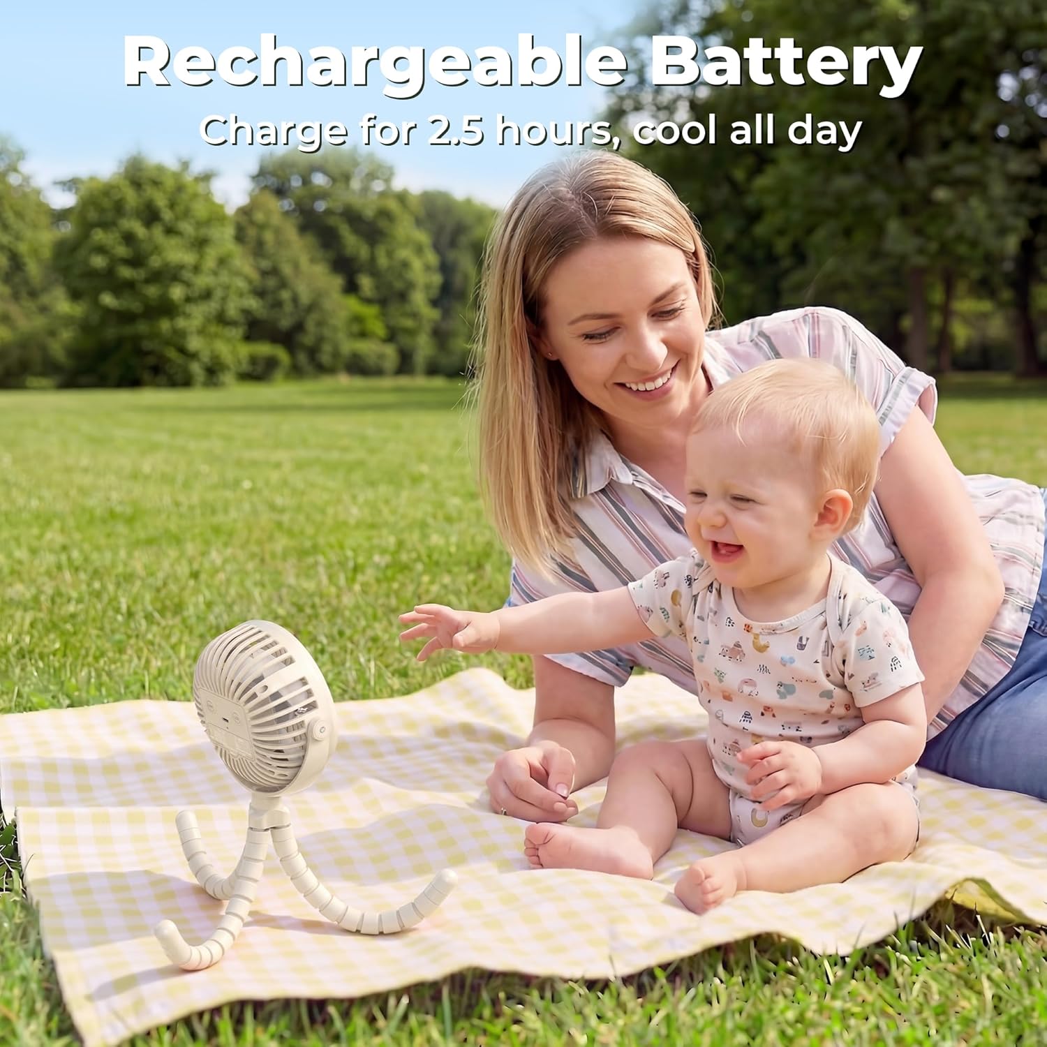 Thumbnail 3 de Amacool Pram Fan – Battery Operated Clip-On Stroller Fan with 3 Speeds, Rotatable Head & Flexible Tripod Legs (White)