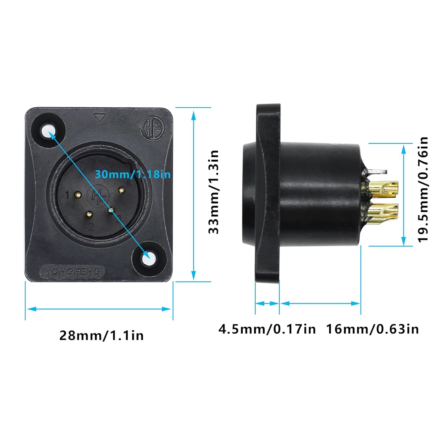 Detalle de Xilaghy 4-Pin XLR Panel Mount Male Jack with Waterproof Cover (IP65) – Gold-Plated Contacts
