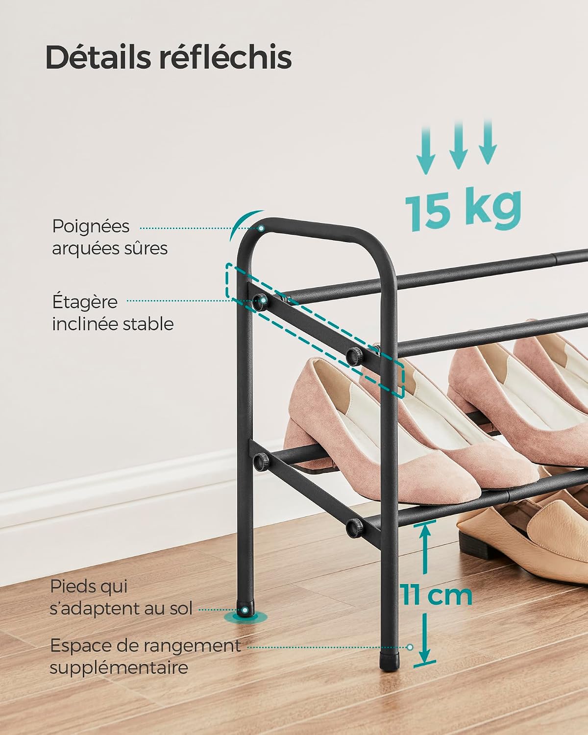 Thumbnail 5 de SONGMICS Étagère à Chaussures 2 Niveaux – Rangement Ajustable en Métal Noir, LMR029B01