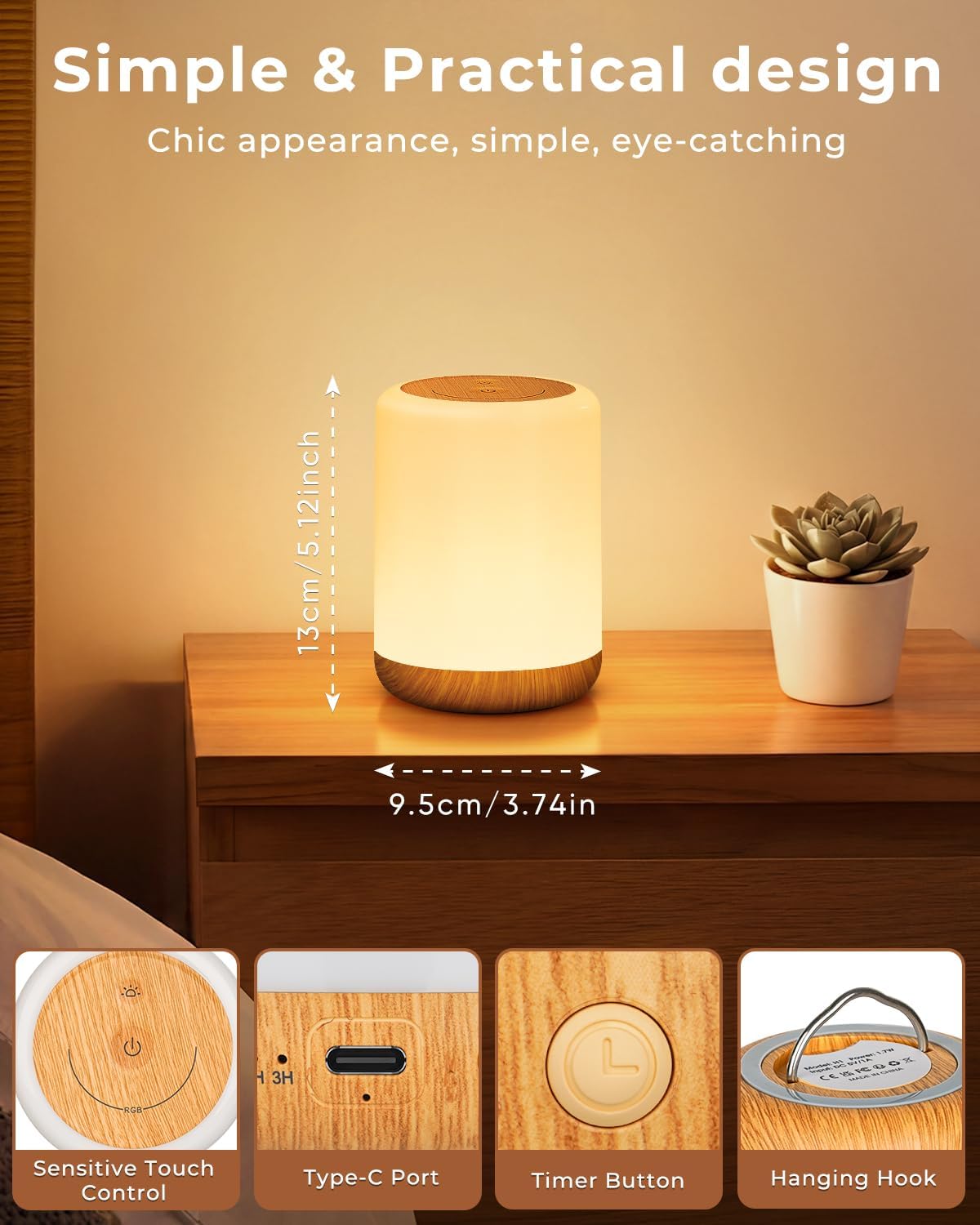 Detalle de MEDE Night Light: Dimmable USB Rechargeable Bedside Lamp with RGB, Timer, and Memory