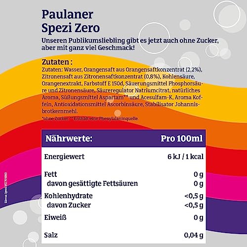 Detalle de Paulaner Spezi Zero – Erfrischungsgetränk Cola & Orange, ohne Zucker, 24x0,33 l Dosen