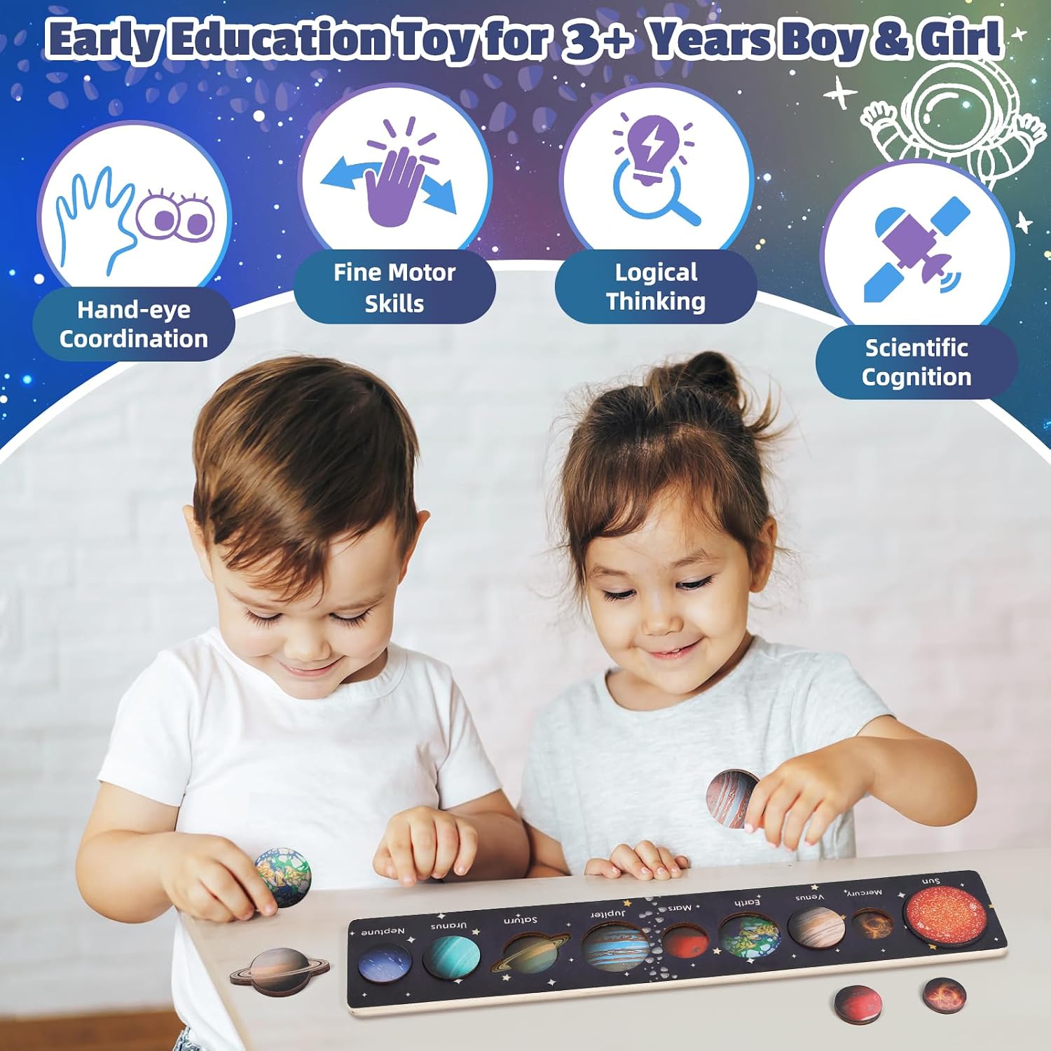 Detalle de WhizWinks Solar System Wooden Puzzle for 3–7 Year Olds (Montessori-inspired space matching game)