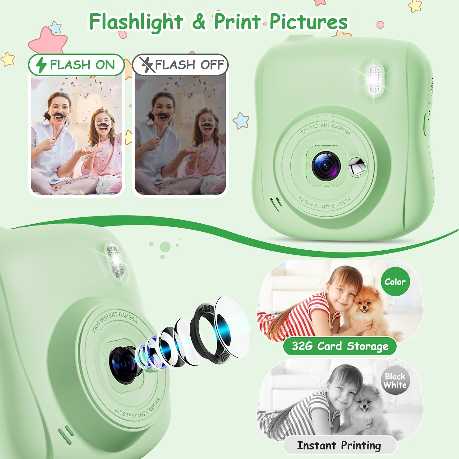 Thumbnail 6 de Hangrui Cámara Fotos Infantil Instantánea 1080P con Tarjeta 32GB, Papel + Bolígrafos de Colores – Verde