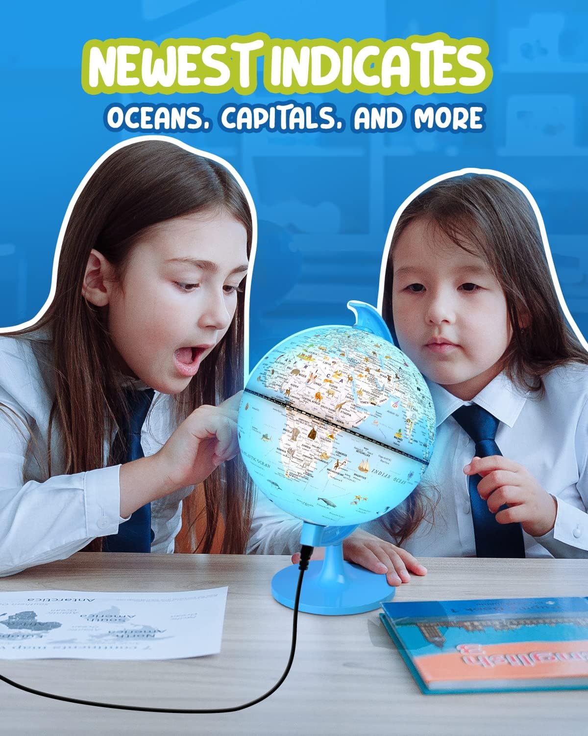 Thumbnail 1 de JOWHOL Illuminated Animal Globe for Kids – USB‑Powered 20 cm Educational Globe (Blue)