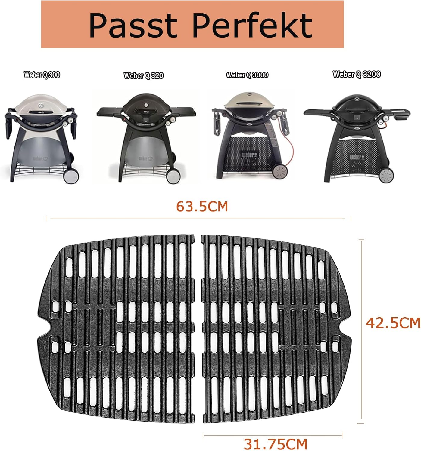 Detalle de 7646 Gusseisen Grillrost für Weber Q300/ Q320/ Q3000/ Q3100/ Q3200 – 2er Pack, 45,2 × 31,75 cm je Rost (63,5 × 45,2 cm Gesamt)
