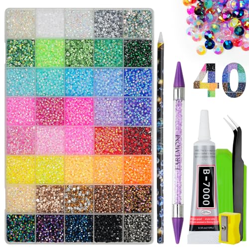 Detalle de EARLMONI Resin Rhinestones Bedazzling Kit with B7000 Glue, 40 Colours, 3mm – Nail Art Gemstones