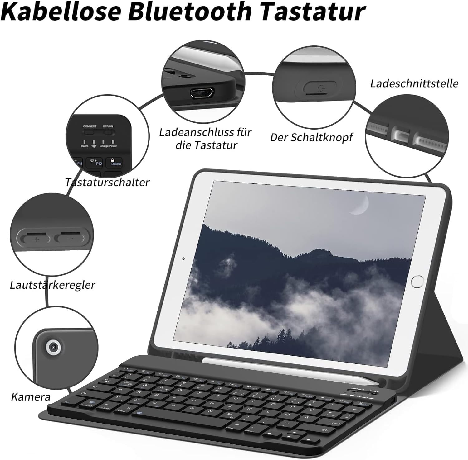 Thumbnail 2 de aoub Hülle mit Tastatur für iPad 9./8./7. Generation – 10,2 Zoll Kabellose QWERTZ Tastaturhülle mit Stifthalter, Schwarz
