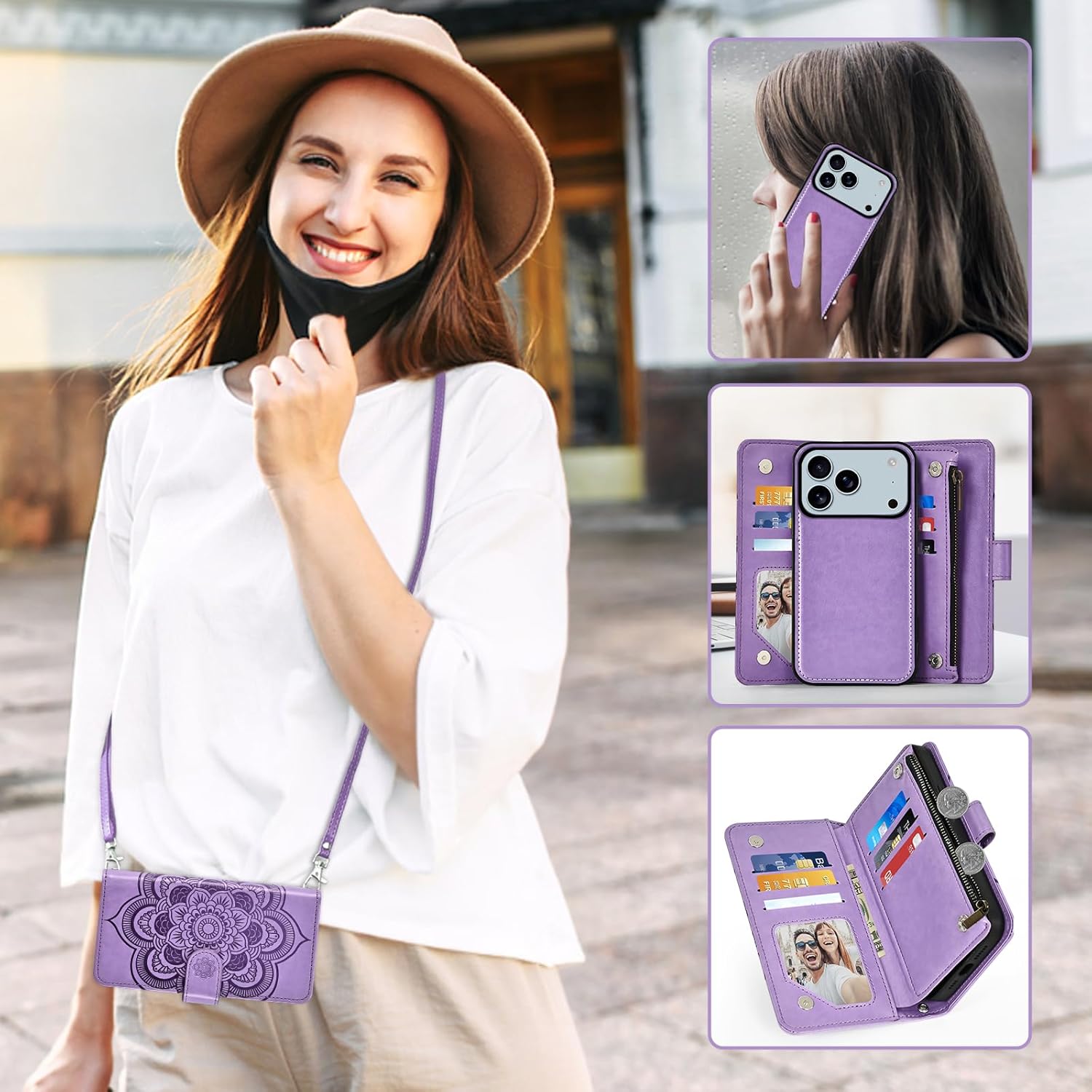 Thumbnail 6 de Asuwish Wallet Case for iPhone 17 Pro (6.3 inch) with Zipper, Detachable Straps and Tempered Glass Screen Protector