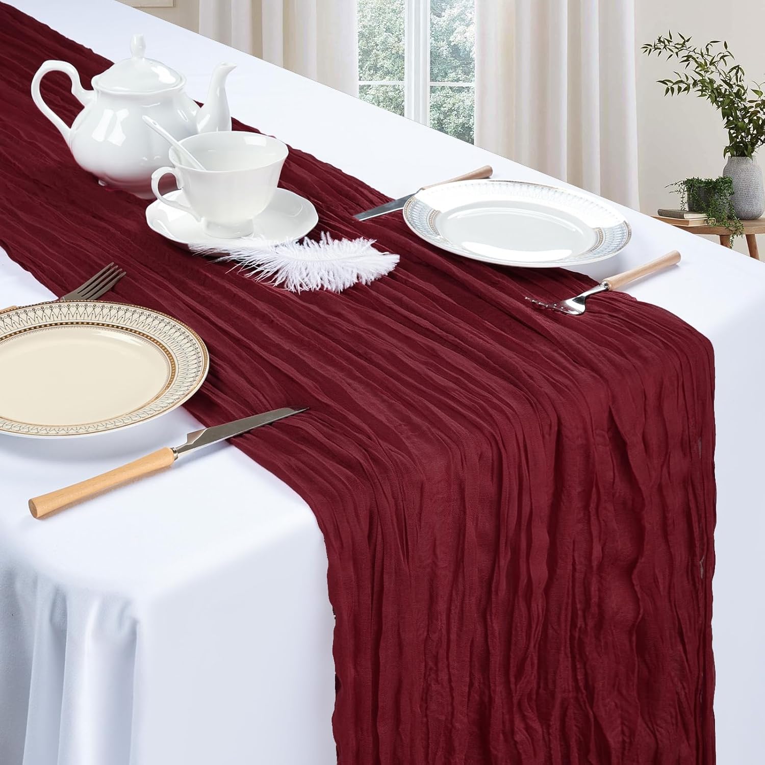 Thumbnail 2 de 6 Pack Burgundy Cheesecloth Table Runner (35 x 120 Inch) Boho Gauze Sheer Table Décor for Holidays, Baby Showers, Weddings & Parties