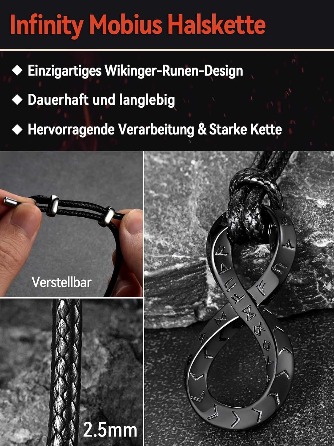 Thumbnail 3 de FaithHeart Lederkette mit Runen-Anhänger (Edelstahl 316L) – verstellbar von ca. 41 bis 81 cm