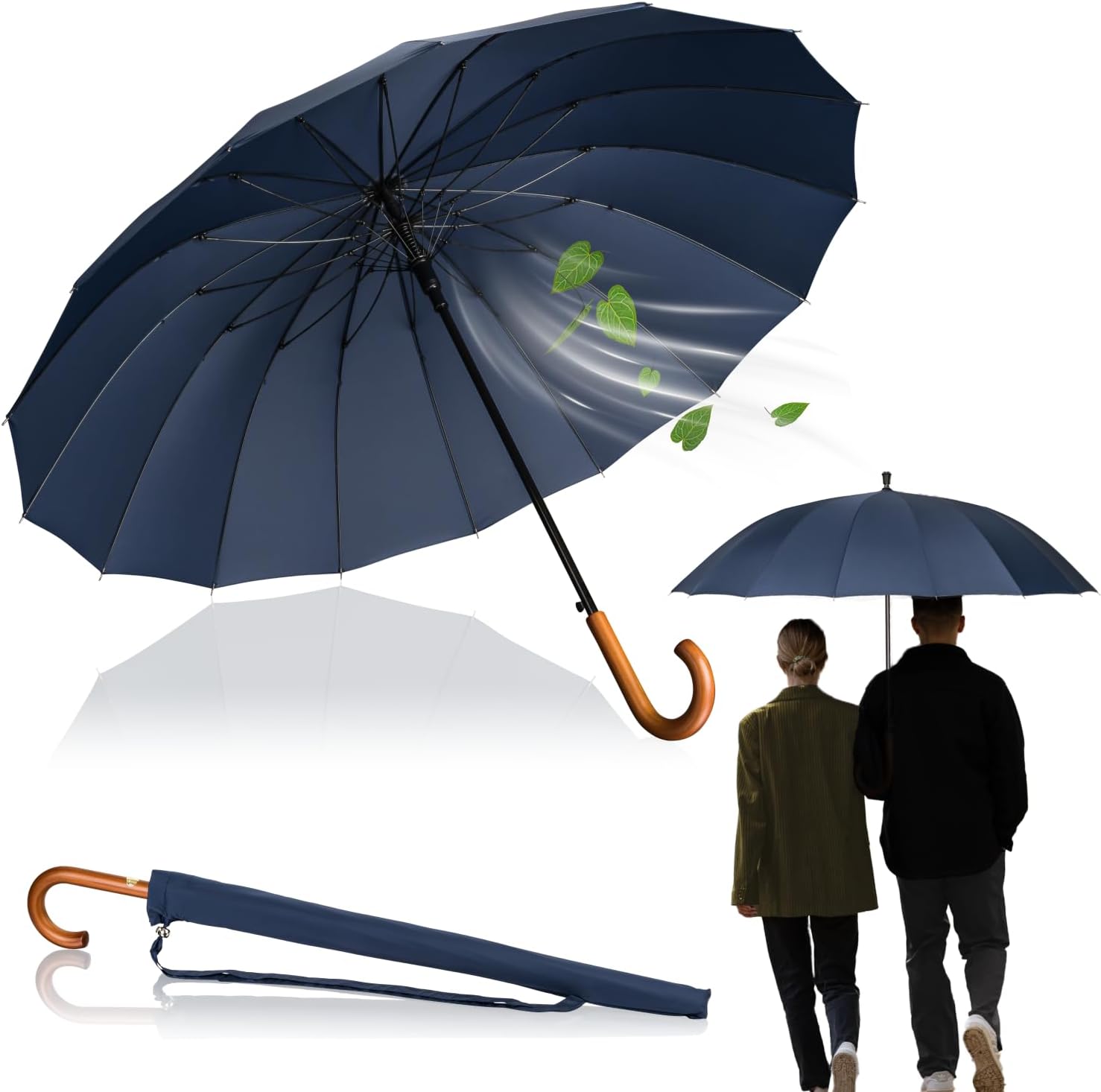 LOGAN & BARNES Ombrello antivento Edinburgh Ø120 cm – XXL in legno autentico, 16 stecche e punta in gomma