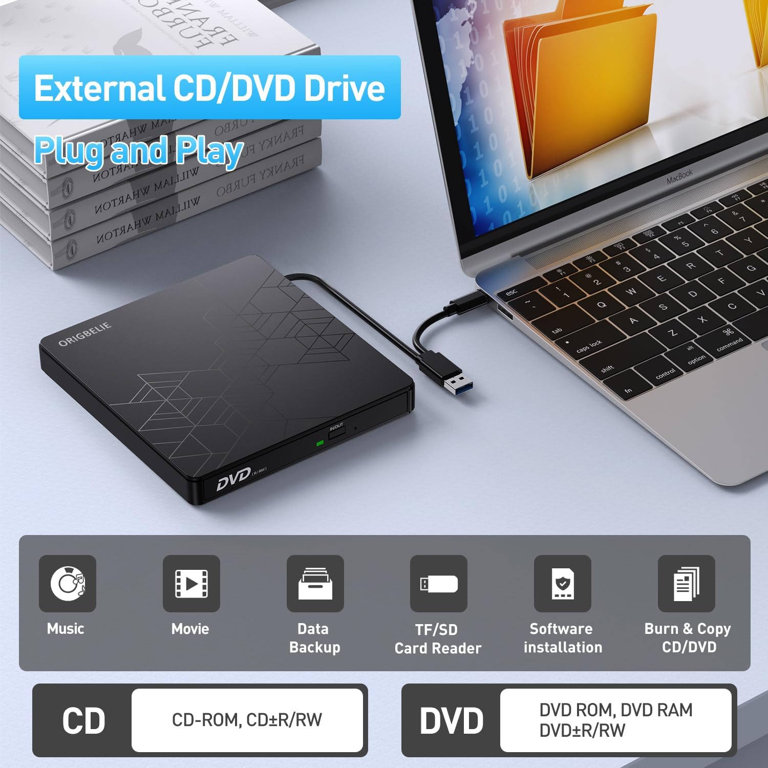 Detalle de ORIGBELIE External CD/DVD Drive with USB 3.0 Type-C — Portable Slim ODD for Laptops, PCs, and Mac