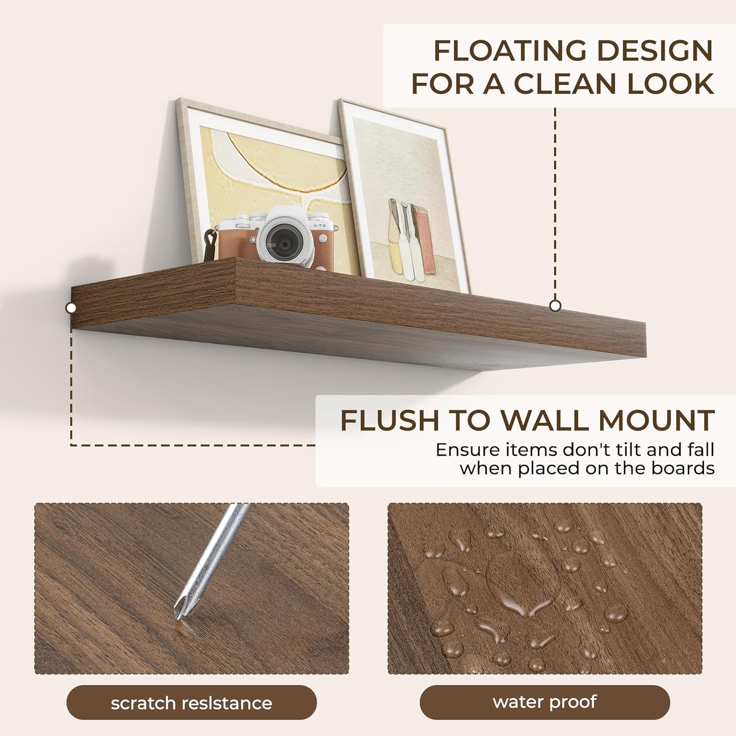 Thumbnail 5 de RICHFOCUS 36-Inch Floating Shelves (Walnut) – 2-Pack, Wall-Mounted Rustic Wood Shelves with Invisible Brackets