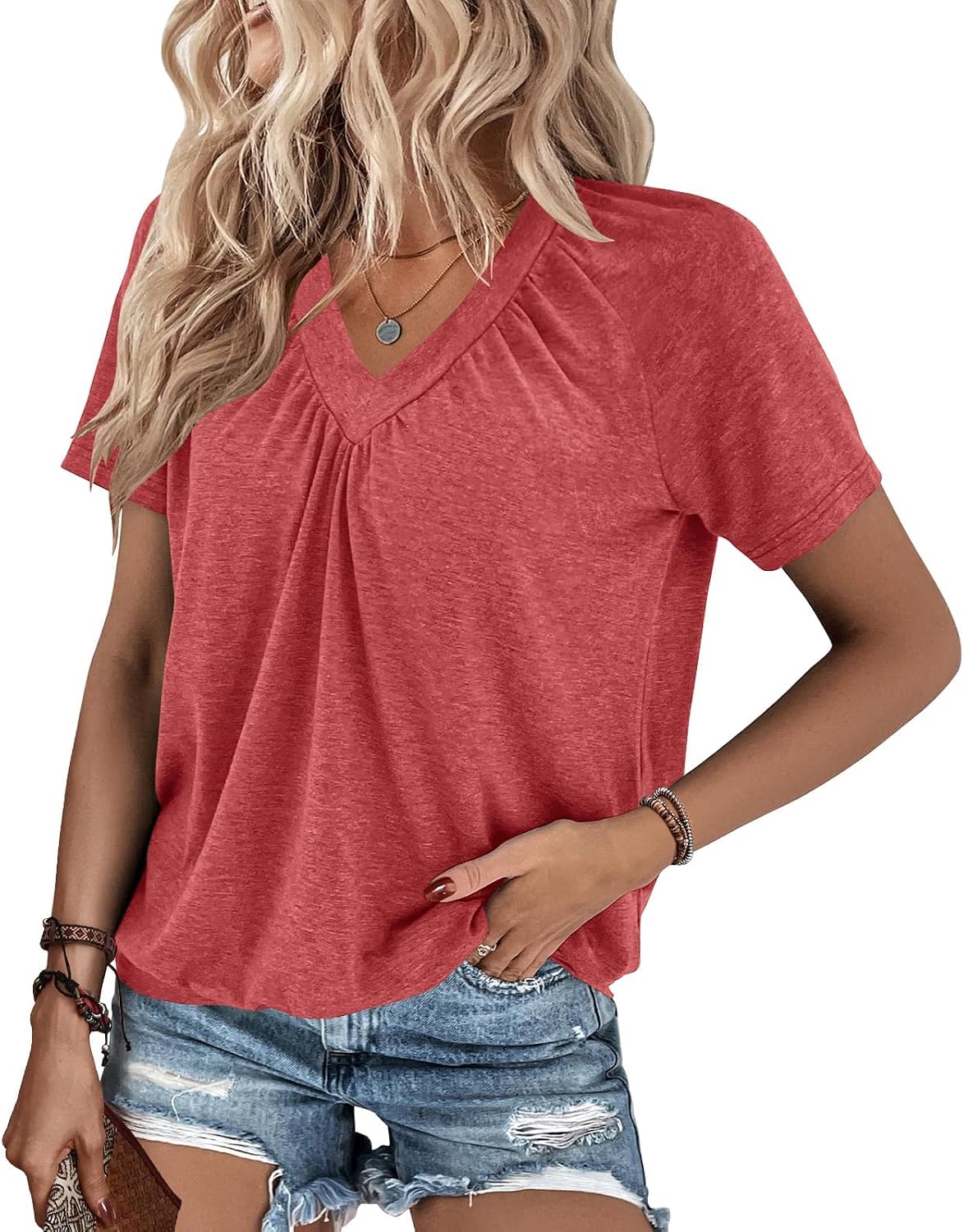 Detalle de Gihgoew Summer Tops for Women 2025 Short Sleeve V-Neck Ruched Tee