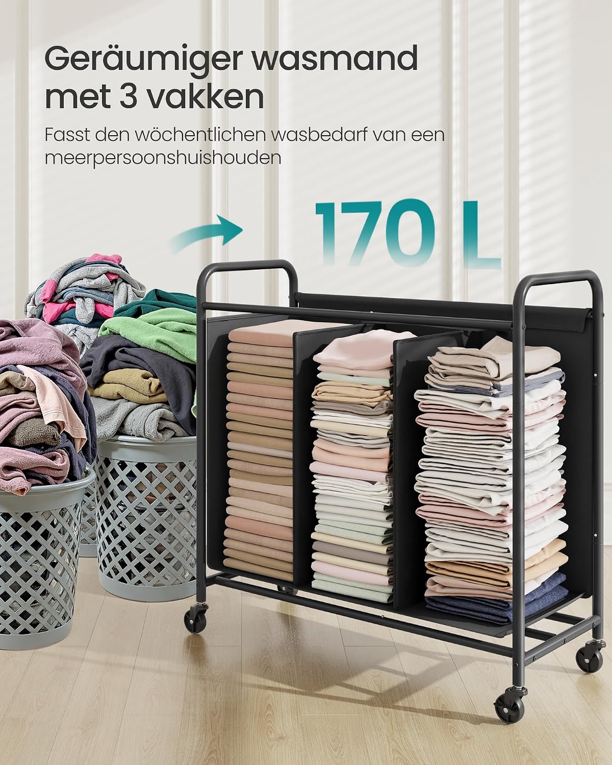 Detalle de SONGMICS STEVIE RLS330B01 waswagen met 3 vakken, 170 liter en wielen