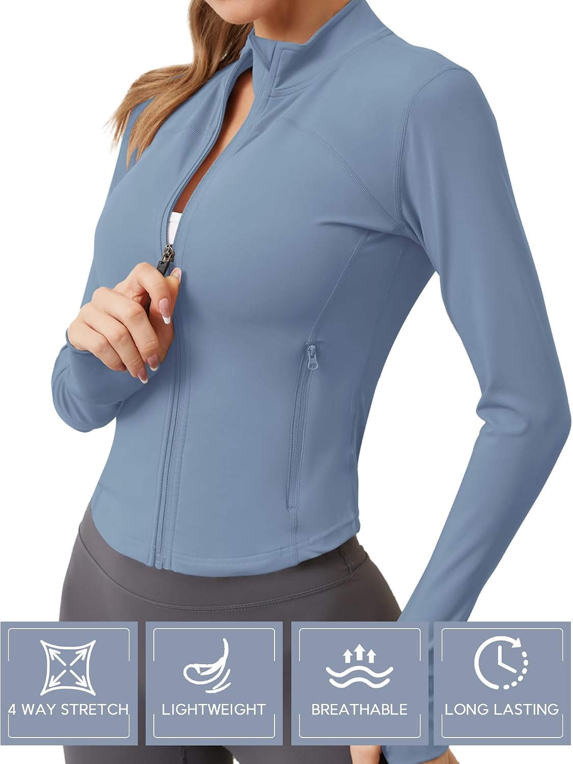 Detalle 2 de IECCP Damen Langarm Sportjacke mit Daumenloch – Leicht, Slim Fit, Zwei Reißverschlusstaschen