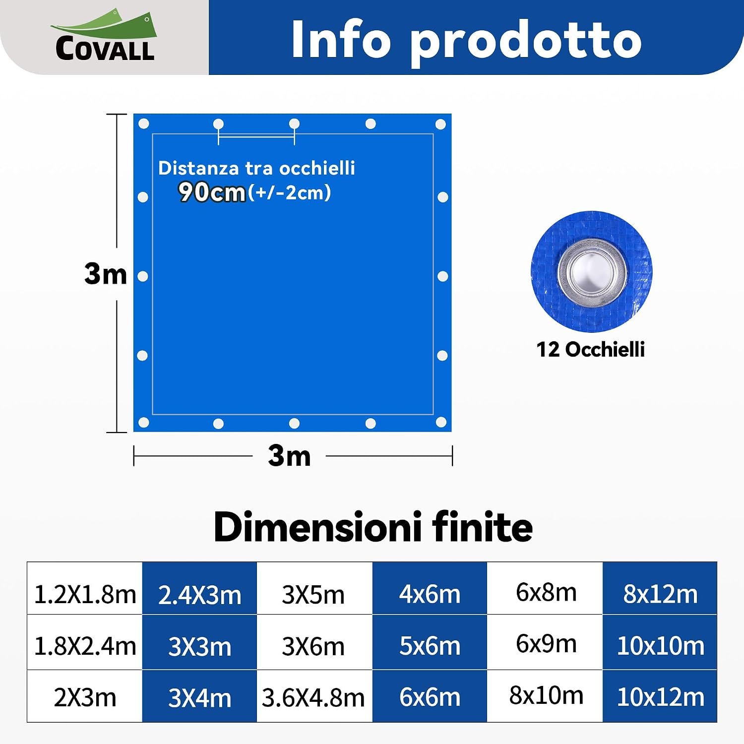 Detalle de COVALL Telone Blu 3x3 m 115 g/m²: impermeabile, anti-strappo e con occhielli per esterni