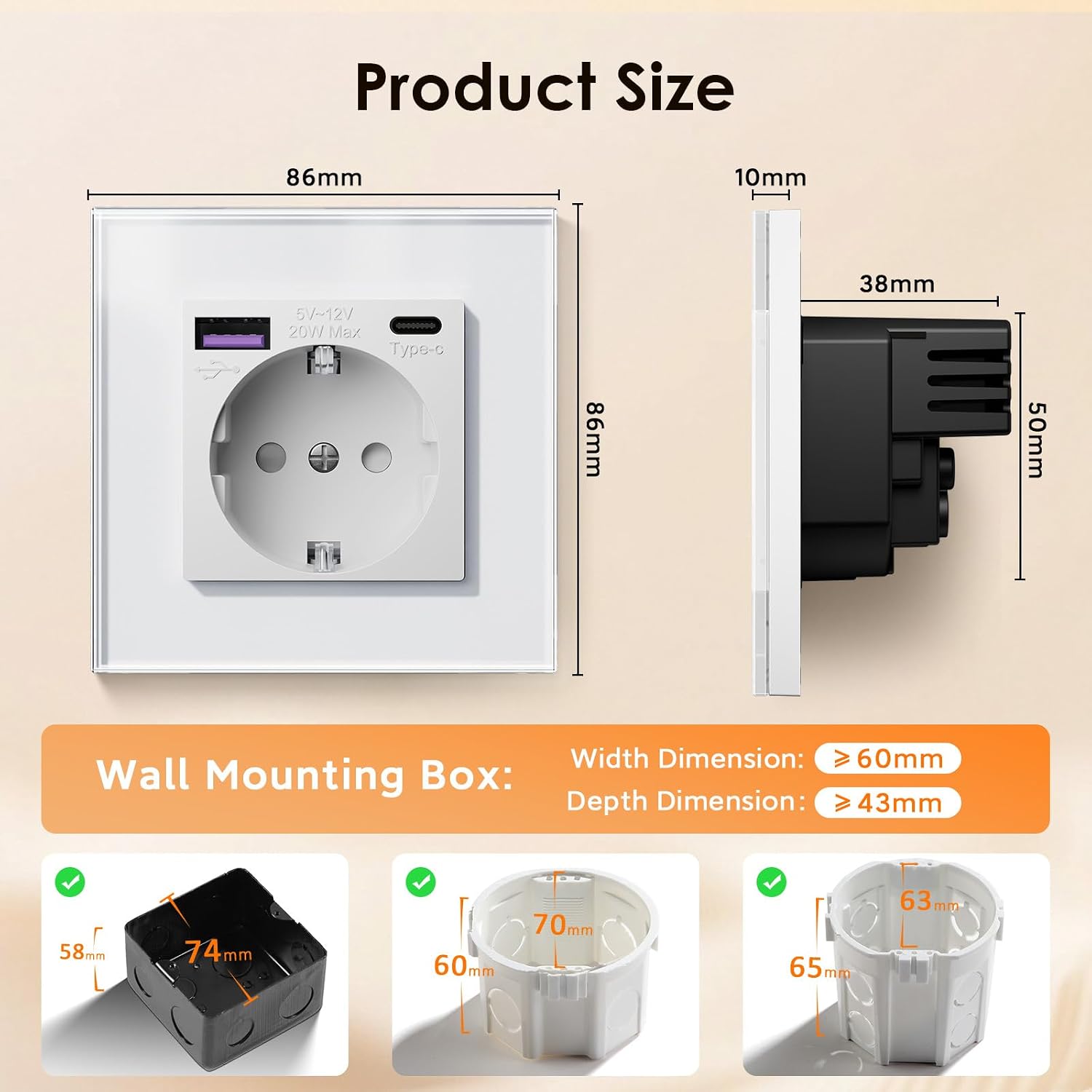 Detalle de BSEED Schuko-Wandsteckdose mit USB‑C 20W Schnellladen (Unterputz, Glas-Panel) – 2er-Set, Weiß