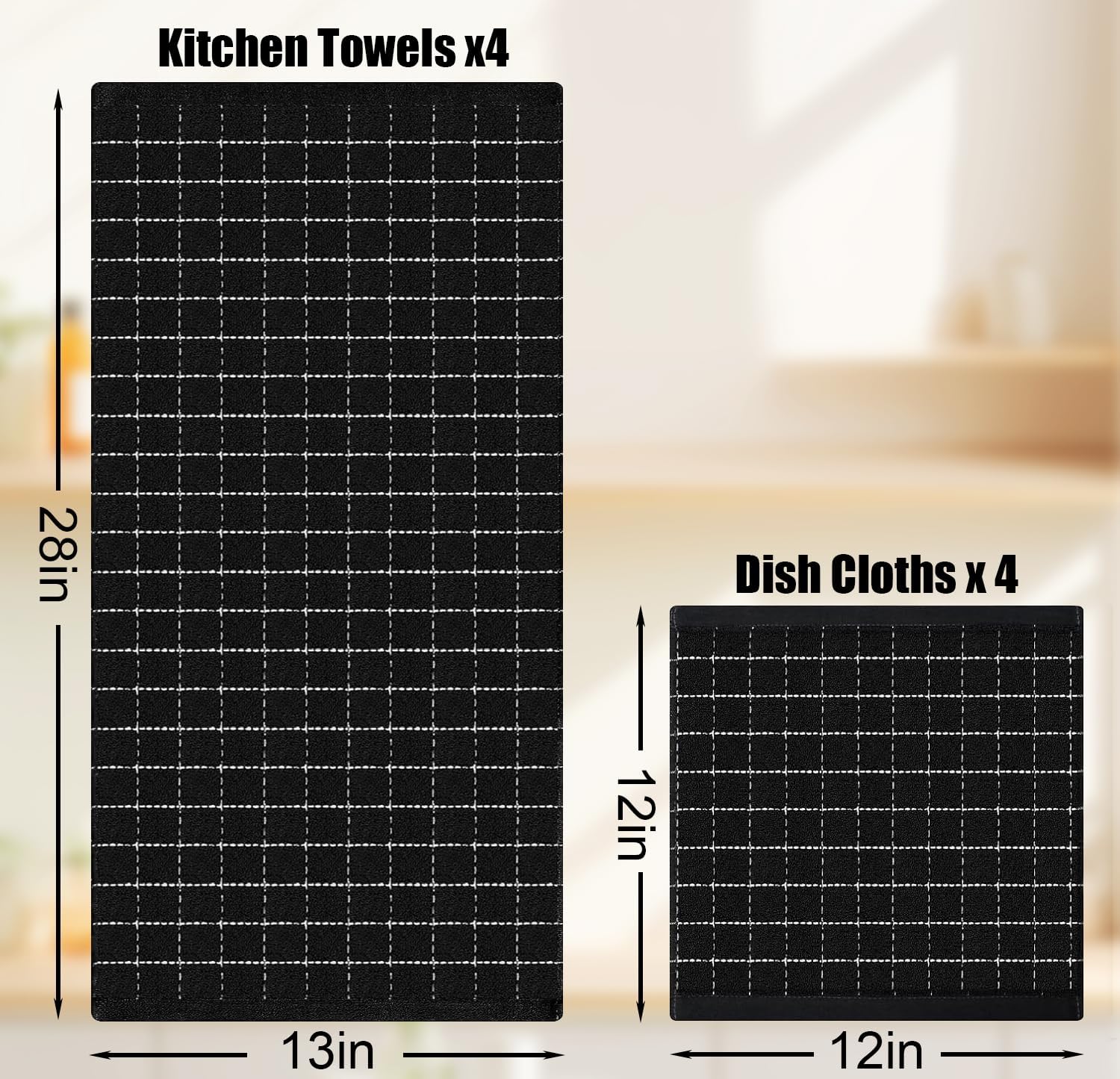 Detalle 2 de Homaxy Kitchen Towels and Dishcloths Set (8-Piece) — 100% Cotton Terry Towels, Checkered Design, Black