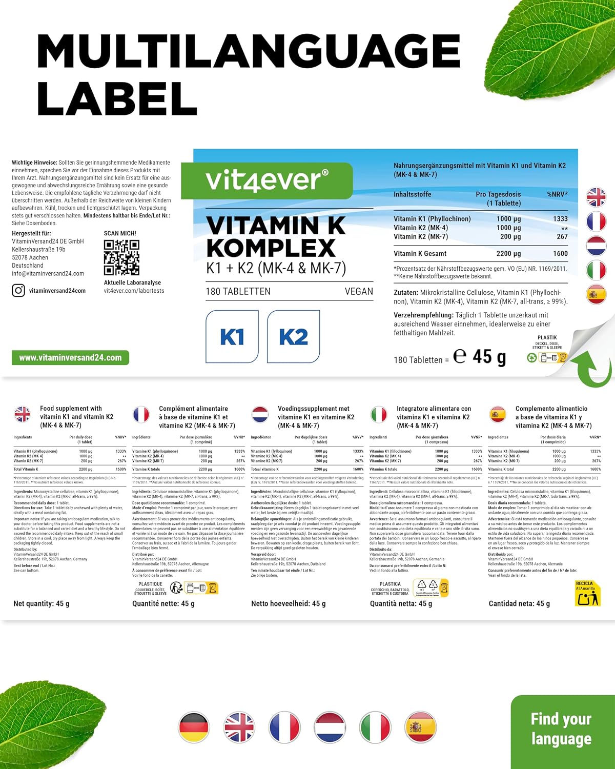 Detalle 2 de Vitamin K Komplex 180 Tabletten von Vit4ever