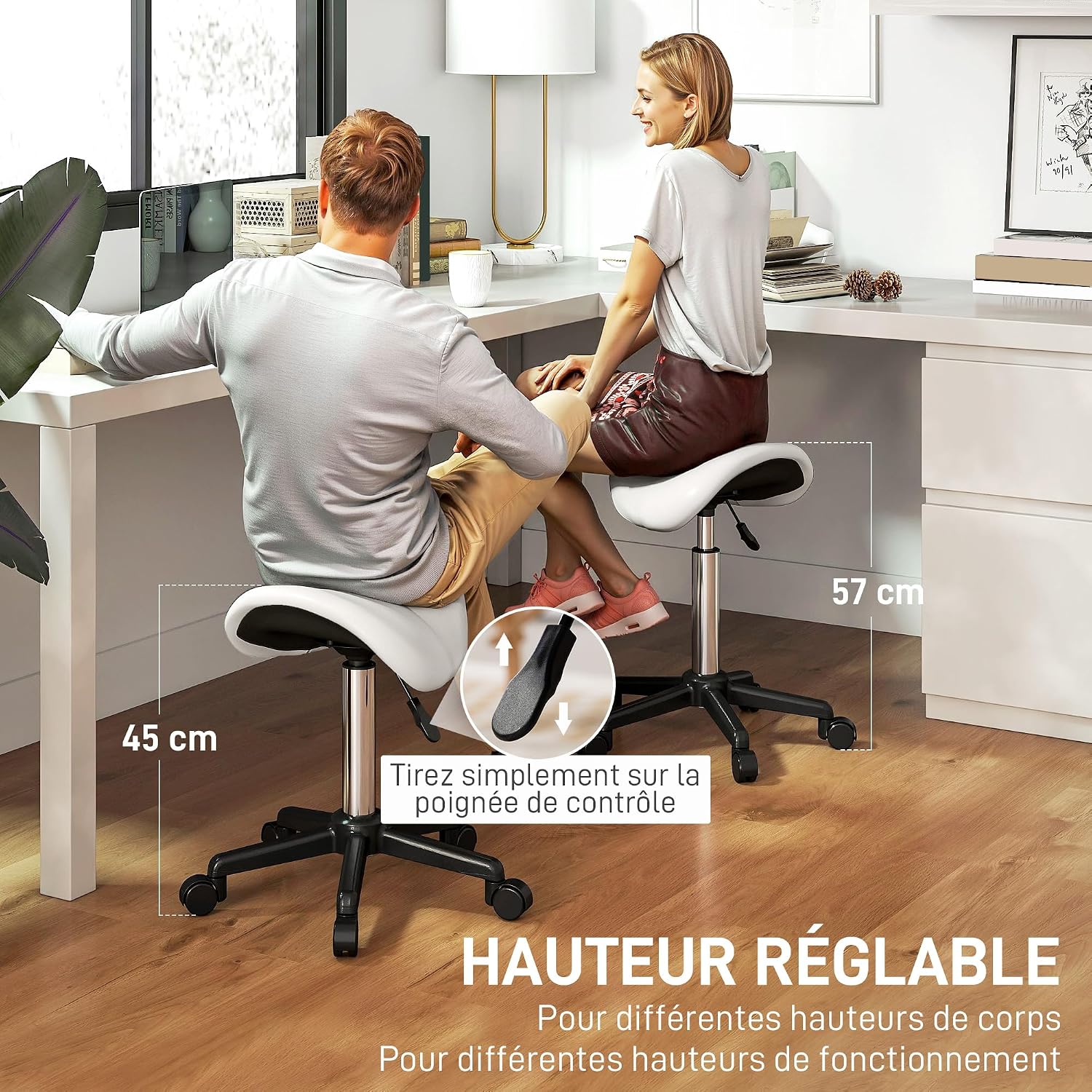 Detalle de HOMCOM 503-021V00WT zadelkruk met wieltjes, 45-57 cm, 360° draaibaar