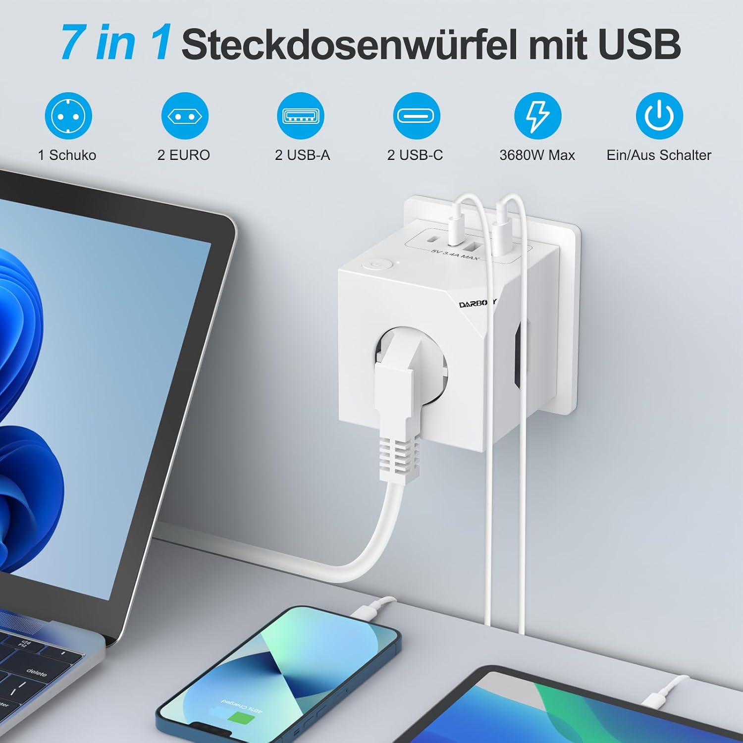 Thumbnail 1 de Steckdosenwürfel ohne Kabel – 3-fach Mehrfachsteckdose mit 2×USB‑C und 4×USB, Schalter & Schutz (3680 W, 16 A), weiß