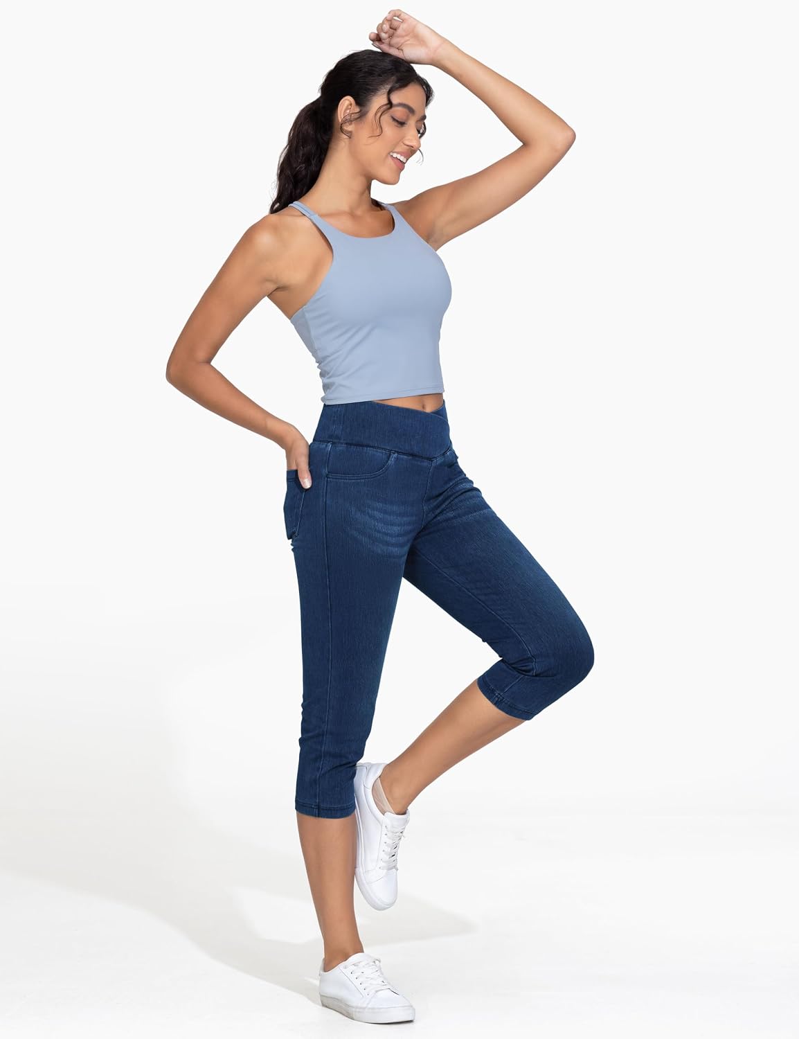 Detalle 2 de THE GYM PEOPLE Women’s V-Cross Capri Jeggings, 3/4 Stretch with Tummy Control