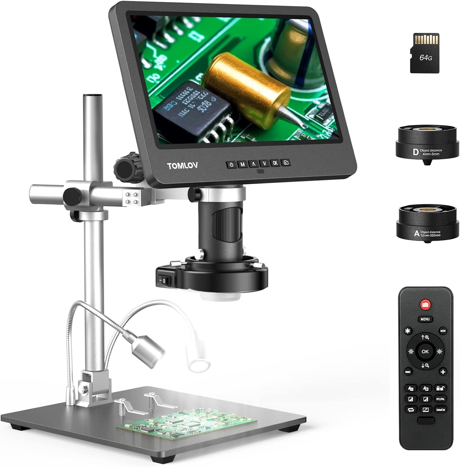 Detalle de TOMLOV DM602 Pro 10,1 Zoll Mikroskop mit 3 Objektiven – 2K HDMI, 144 LED Ringlicht, 64GB Karte, Stativ, USB/TV-Kompatibel