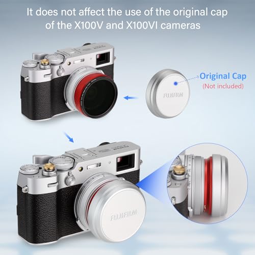 Detalle de Haoge LUV-X54R: 2-in-1 Metal Lens Hood and UV Filter for Fujifilm X100V/X100VI (Red)