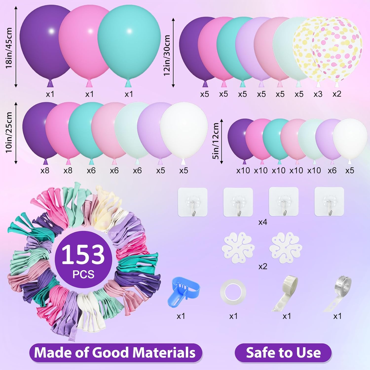 Thumbnail 1 de BlueCloudy Pink Purple Balloon Arch Garland Kit – Mixed Sizes (18" 12" 10" 5") in Purple, Blue, Pink with Gold Confetti