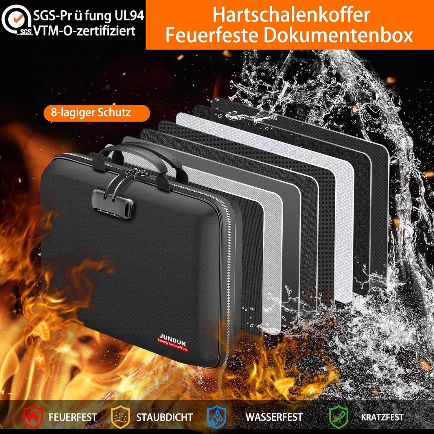 Thumbnail 4 de JUNDUN Feuerfeste Dokumentenbox mit Schloss & Trageriemen – Hartschalen-Aktentasche mit 13 Fächern