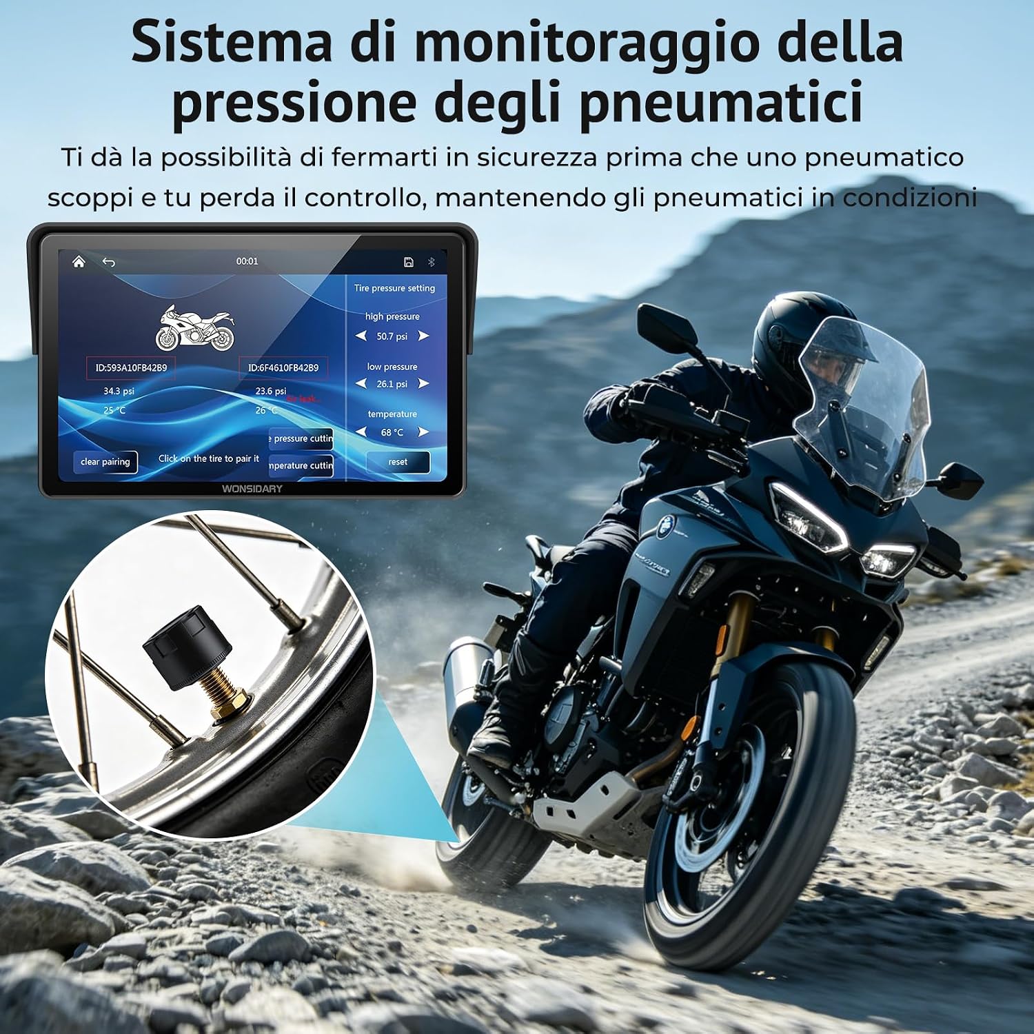 Thumbnail 2 de Wonsidary W722TPMS Schermo CarPlay Moto 7" Wireless con Android Auto, TPMS e GPS IP67