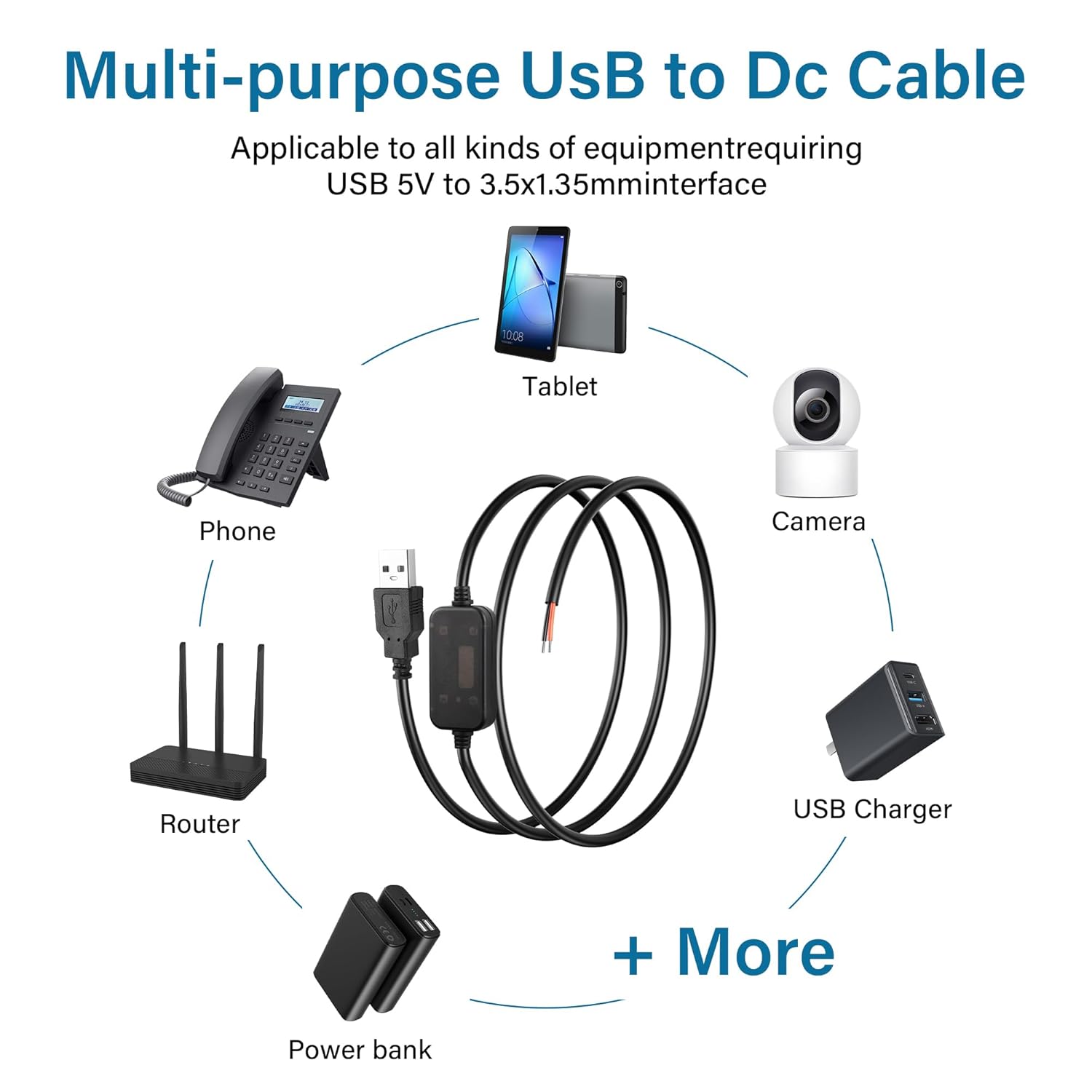 Thumbnail 2 de SinLoon 2Pcs DC Boost Cable 5V to 12V (22AWG) USB 2.0 Male to Bare Wire, 110cm