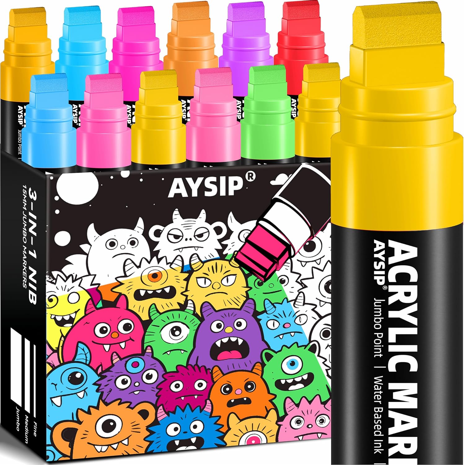 Thumbnail 6 de AYSIP 12-Color Jumbo Acrylic Paint Markers, 15mm Wide Tip, Multi-Surface