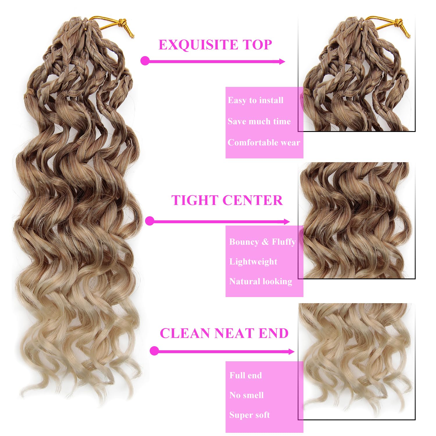 Detalle de XSASLYET Pre Looped GoGo Curl Crochet Hair, 18 Inch, 8 Packs — Deep Wave, Prelooped, Synthetic Water Wave Braids