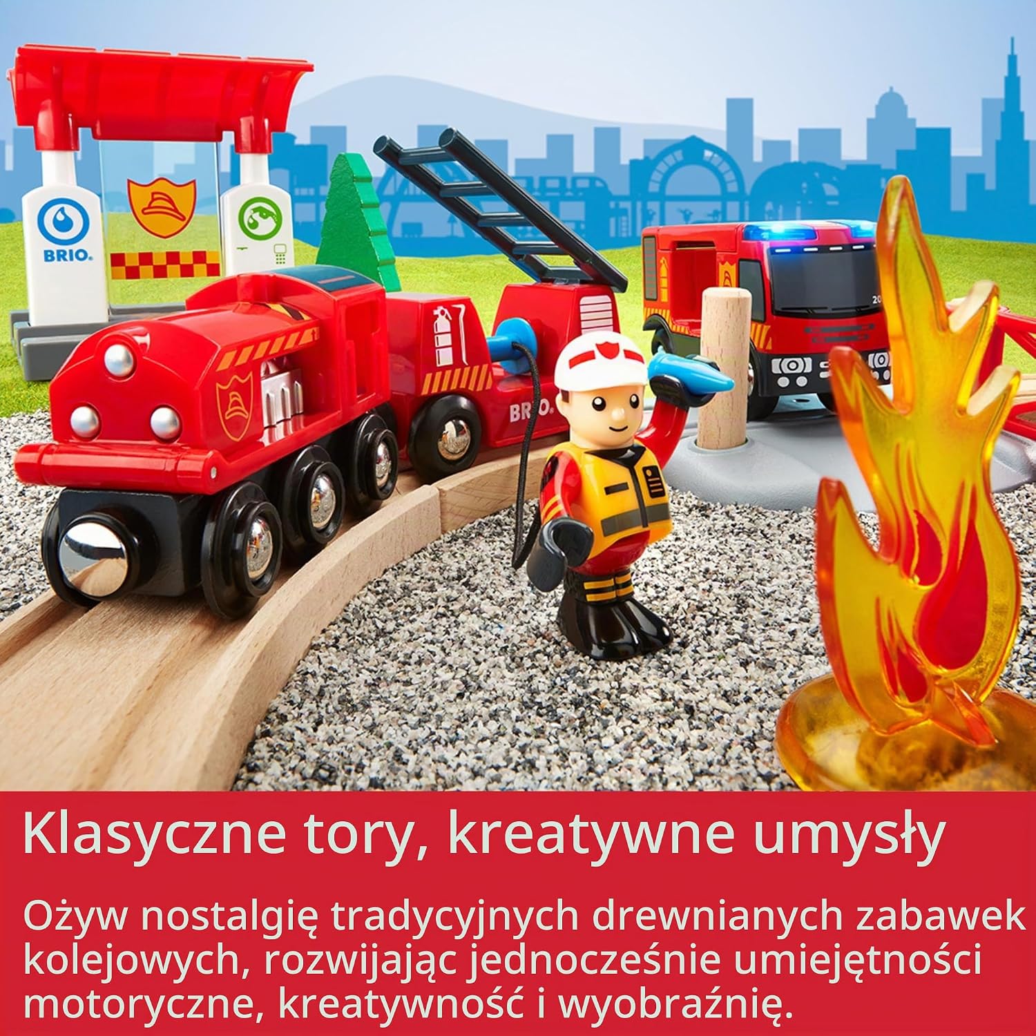 Detalle 1 de BRIO World Rescue Firefighter Set – drewniana kolejka strażacka ze światłem i syreną