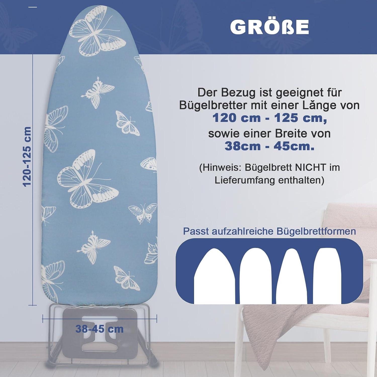 Detalle de Frilodge Bügelbrettbezug mit dicker Polsterung – passend für 120×40 bis 125×45 cm, Elastikband und Klettverschluss, Blau Butterfly